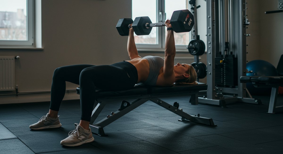 Intermediate woman performing dumbbell bench press in modern home gym with clean design, focusing on upper body strength
