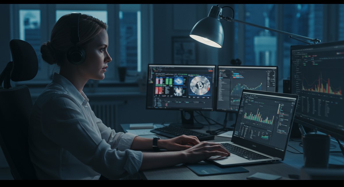 Experienced international crypto trader analyzing cross-border crypto swap strategies in professional workspace