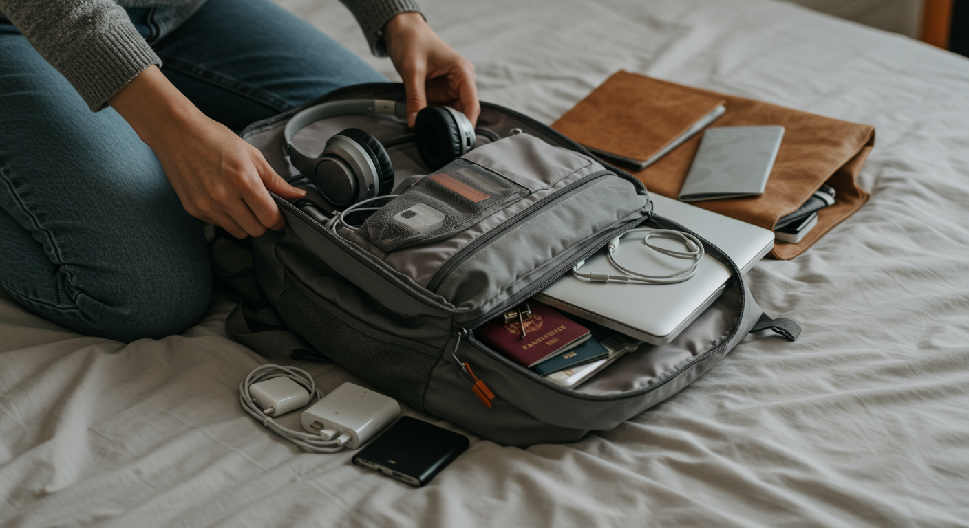 Digital nomad packing list for women. A woman packing a minimalist travel backpack with tech essentials.