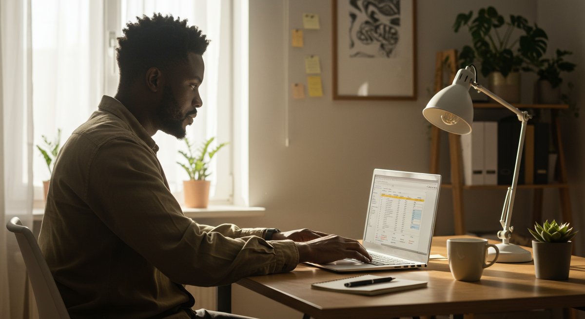 Confident man in minimalist home office focused on budget spreadsheet with natural light and essential workspace items