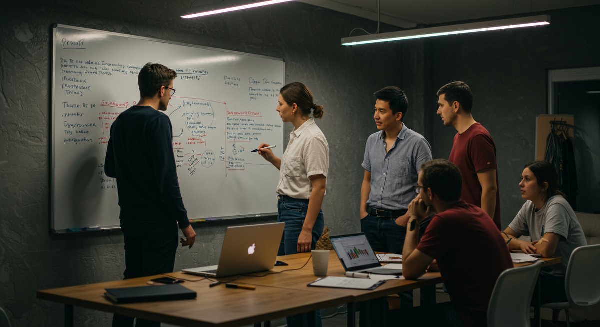 Digital nomads in co-living space collaborating on travel and work plans