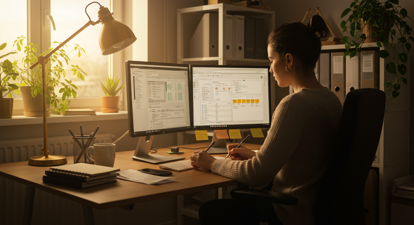 Professional personal finance photograph of a confident budgeter managing finances in a home office. The image showcases expense tracking with budgeting software on dual monitors.