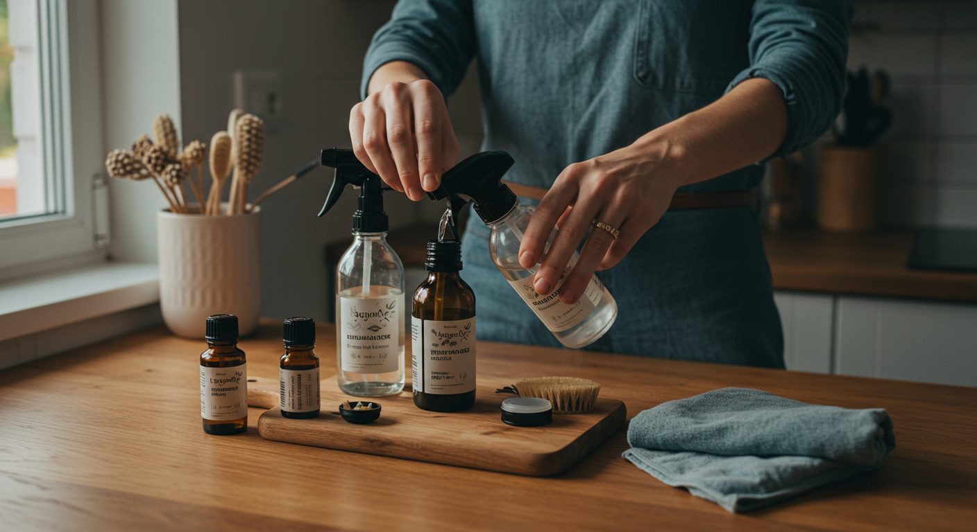 A person making DIY cleaning products in a bright, eco-friendly kitchen. The image shows glass spray bottles, natural cleaning ingredients, and a reusable cloth, promoting sustainable living and homemade cleaning recipes.