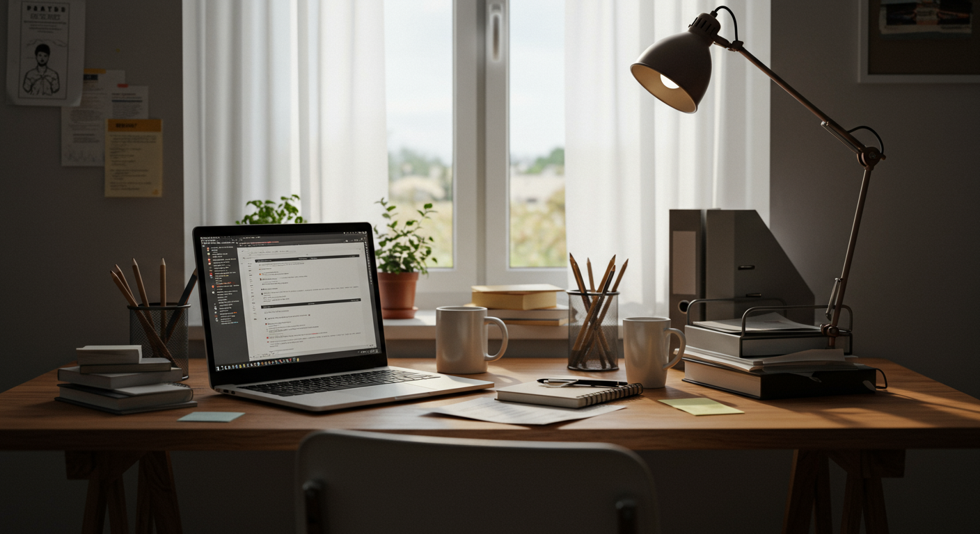 A minimalist home office with a person working on a laptop, coffee mug, and organized files, representing financial freedom and debt-free living.