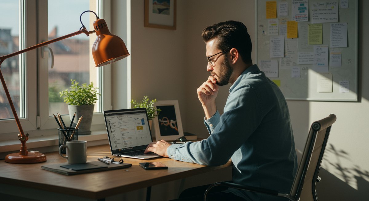 A professional man in a clean, modern home office workspace demonstrating digital minimalism with a clutter-free laptop interface and organized physical items