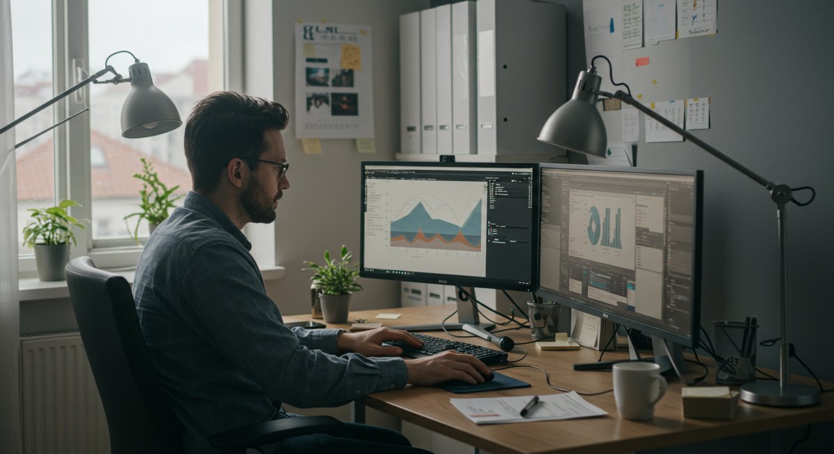 Confident man in modern home office using project management dashboard for task prioritization with Pomodoro timer and ergonomic setup