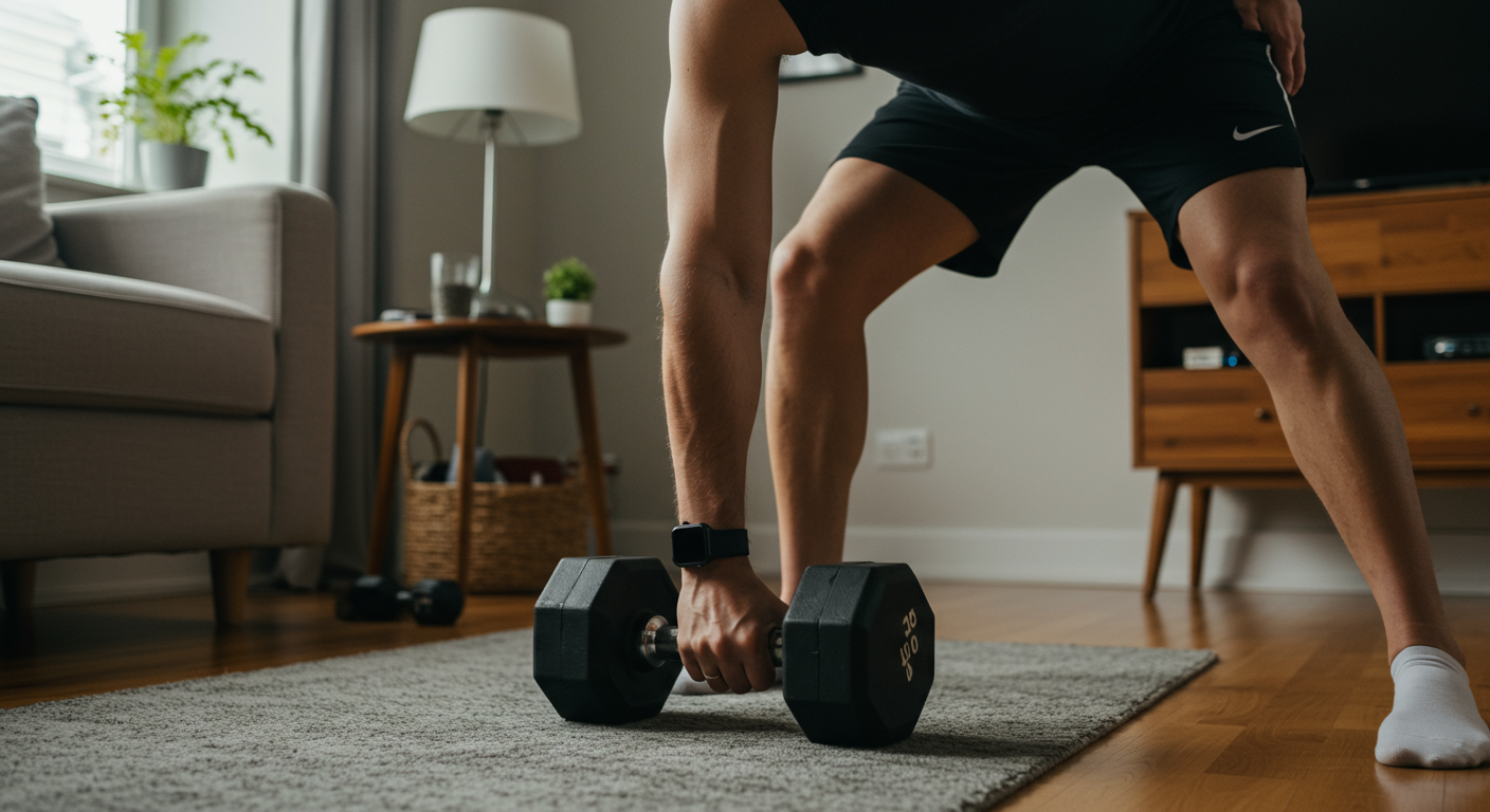 A person doing dumbbell bicep curls at home, showcasing strength and fitness.