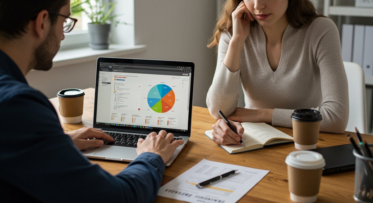 Experienced budgeters using 50/30/20 rule with professional workspace