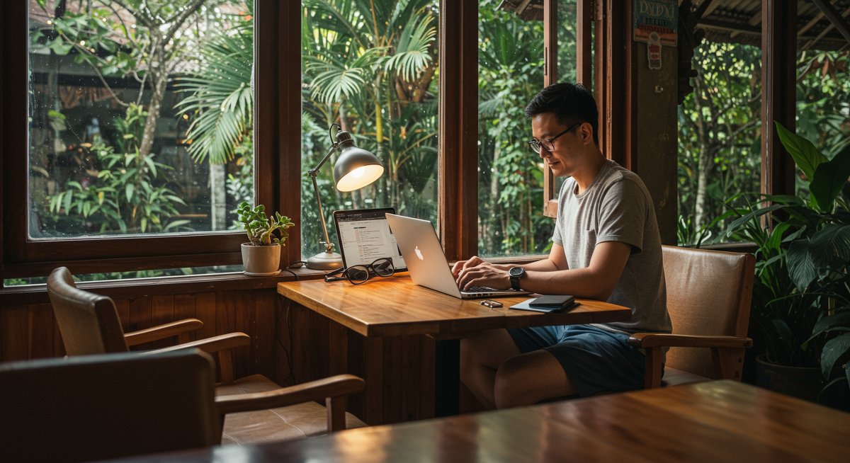 Digital nomad using affordable internet solution in Bali café with modern workspace