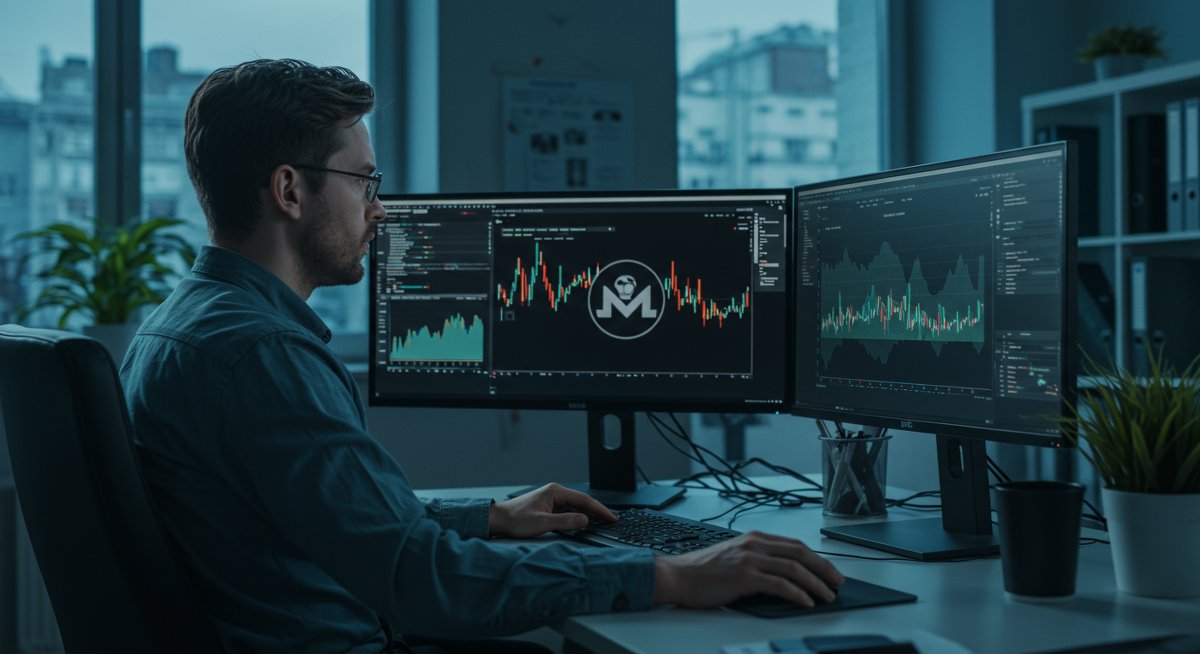 Professional crypto trading scene featuring Monero swap analysis with no KYC requirements, emphasizing privacy and global accessibility