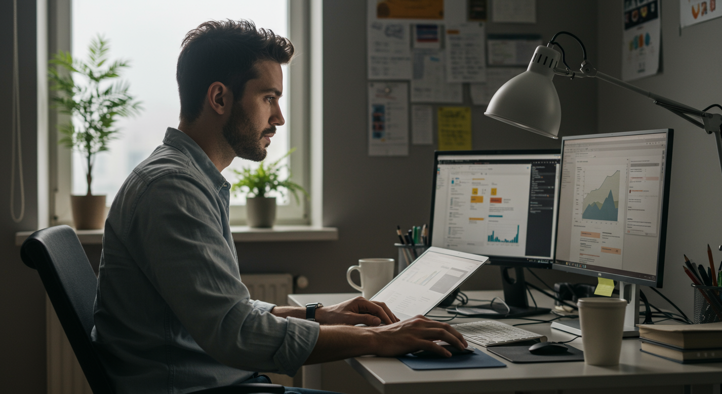 A professional at an organized desk, successfully completing tasks and managing email overload, with natural lighting and a clean aesthetic.
