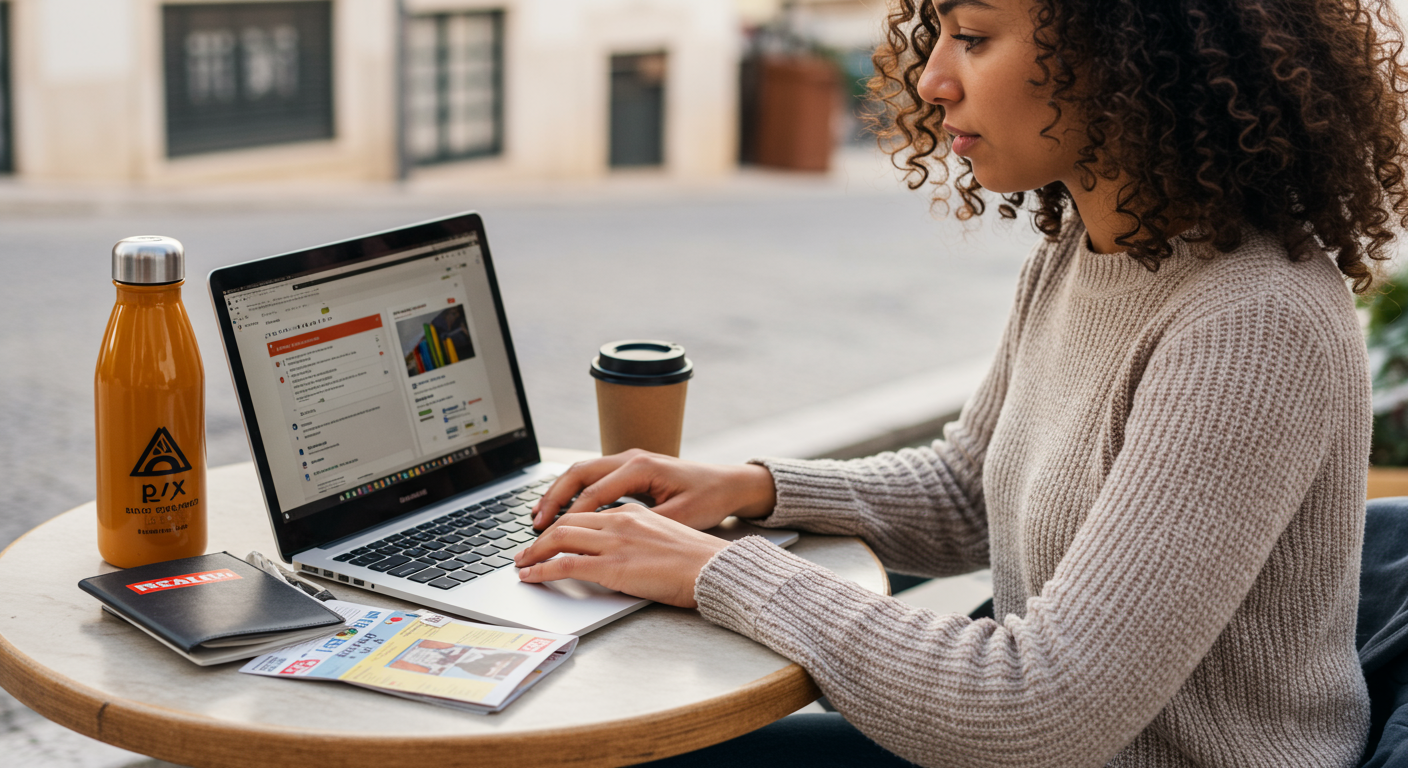 Digital nomad woman reviewing health insurance plan at a cafe in Lisbon. Affordable healthcare abroad for remote workers.