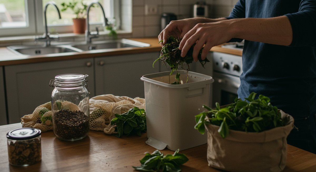 Person sorting compost scraps in a modern kitchen, illustrating budget-friendly sustainable living.