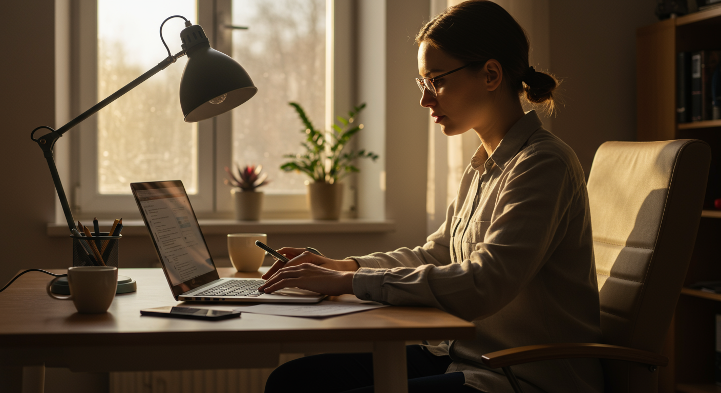 Focused professional working at a desk with a laptop, phone face down, and a Pomodoro timer, implementing time-blocking on a digital calendar.