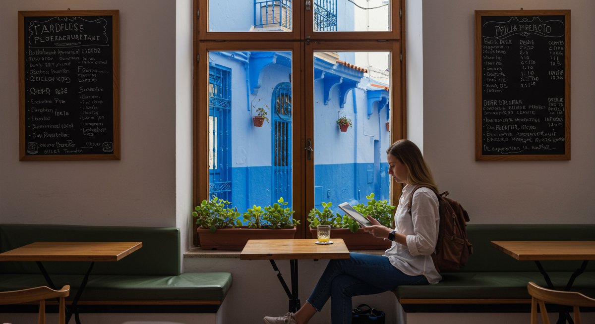 Experienced traveller using tablet to compare hotel deals in stylish city café with modern design