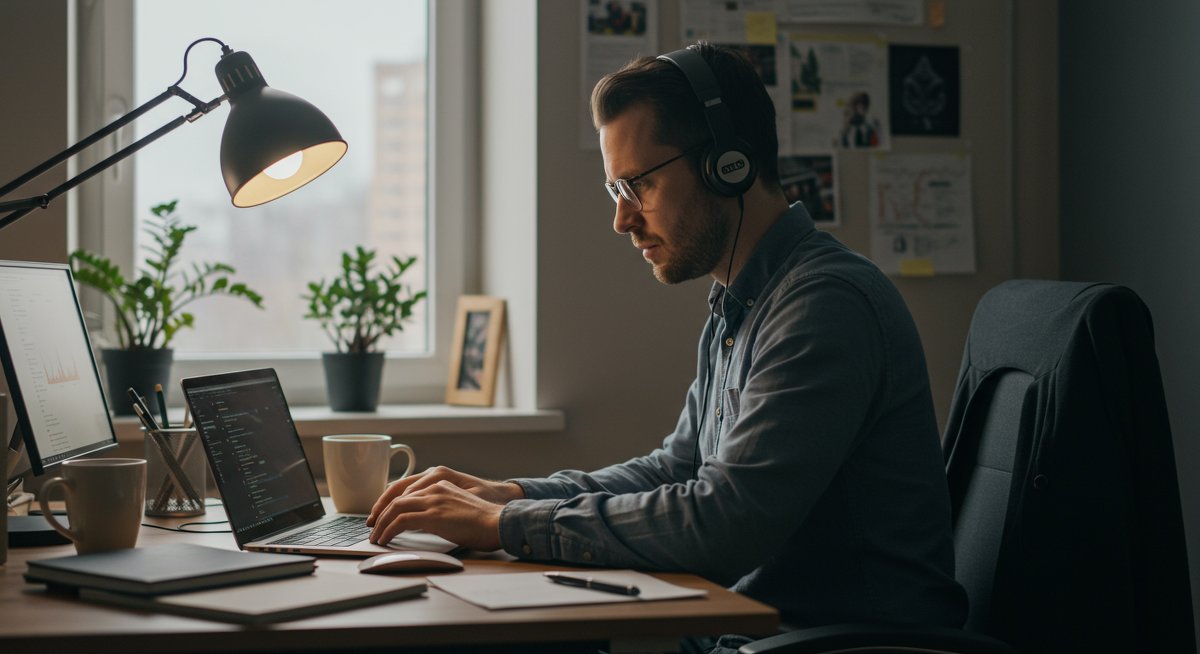 Professional productivity image showing a focused male professional using focus techniques in a modern workspace