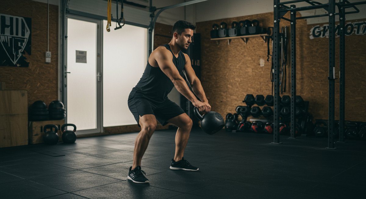Intermediate male performing kettlebell swing exercise in garage gym with natural lighting