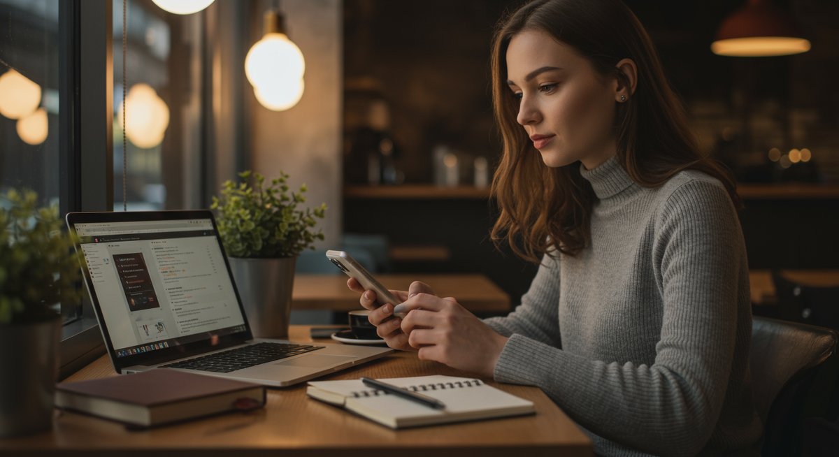 Beginner crypto trader using laptop and phone to research low-fee crypto swaps in a cozy café setting, surrounded by educational materials