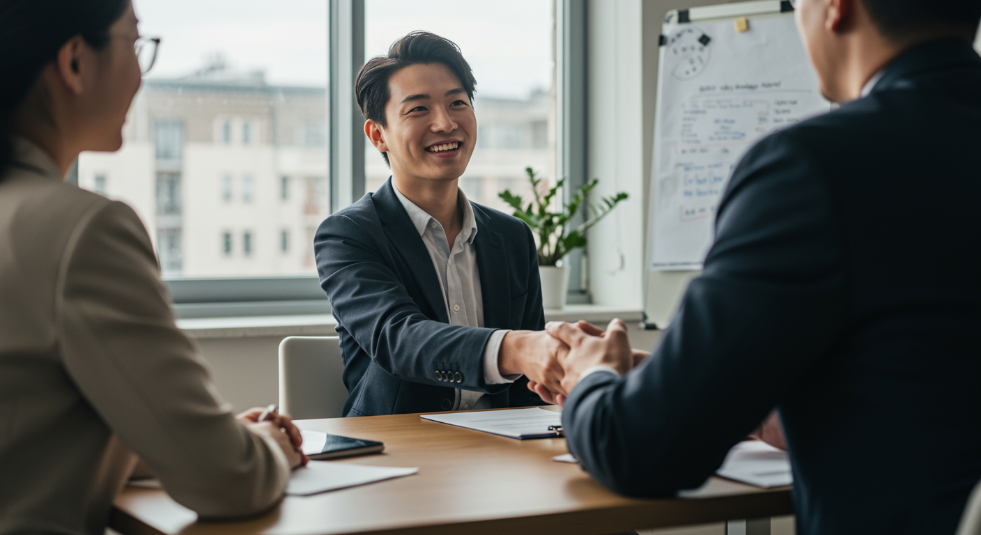A recent graduate confidently shaking hands with an interviewer after a successful job interview, highlighting salary negotiation.