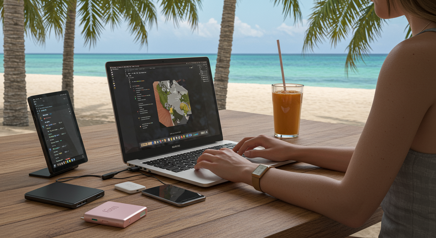 Female digital nomad setting up a remote work station at a beach cafe with laptop, portable monitor, and tech essentials.