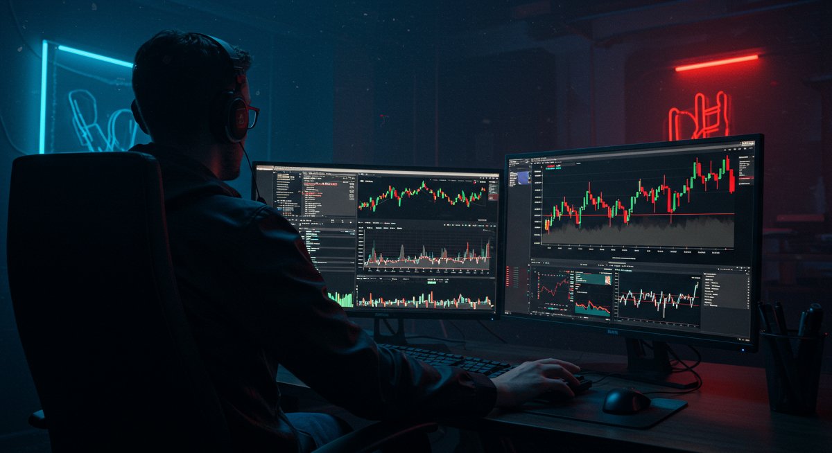 Global Bitcoin trading strategy visualization with Pump.fun charts and red sell indicators in neon-lit crypto workspace