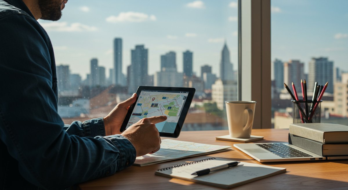 Experienced traveler planning Asia trip with modern tech and travel documents in professional workspace