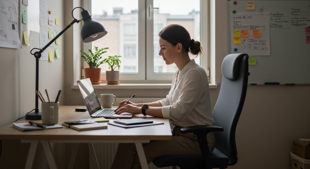 Professional illustration of sustainable energy management with a woman in a minimalist home office, Pomodoro timer, smartwatch, and time-blocking notes on a whiteboard