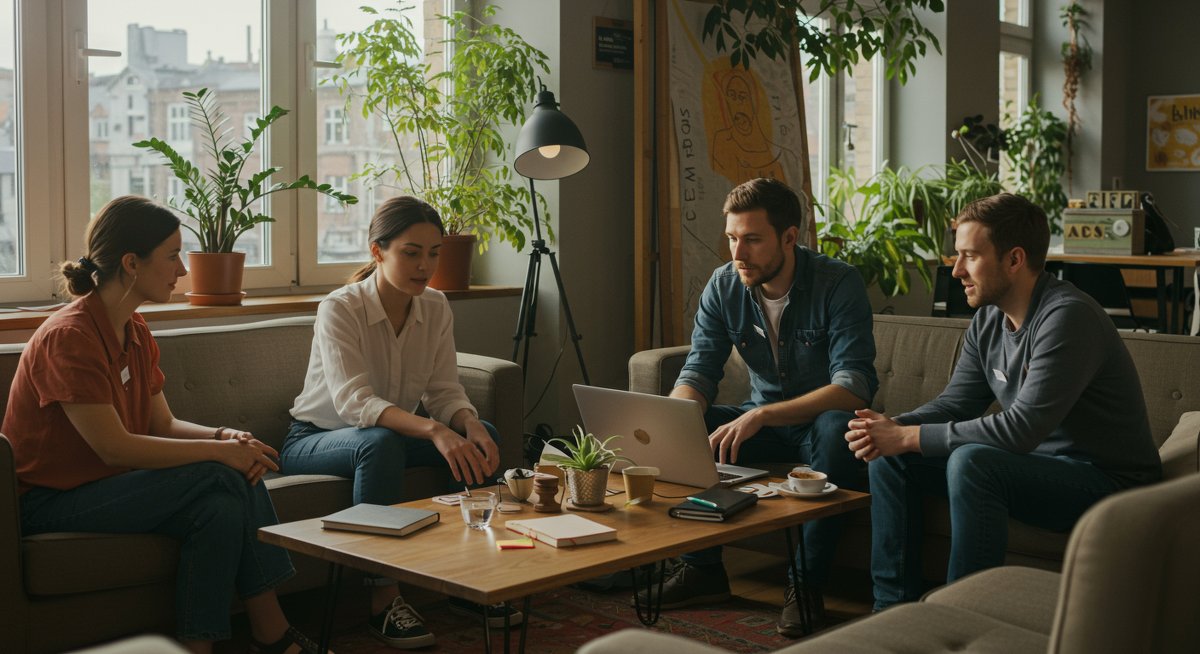 Digital nomads building connections in a co-living space, emphasizing community and overcoming loneliness through shared experiences