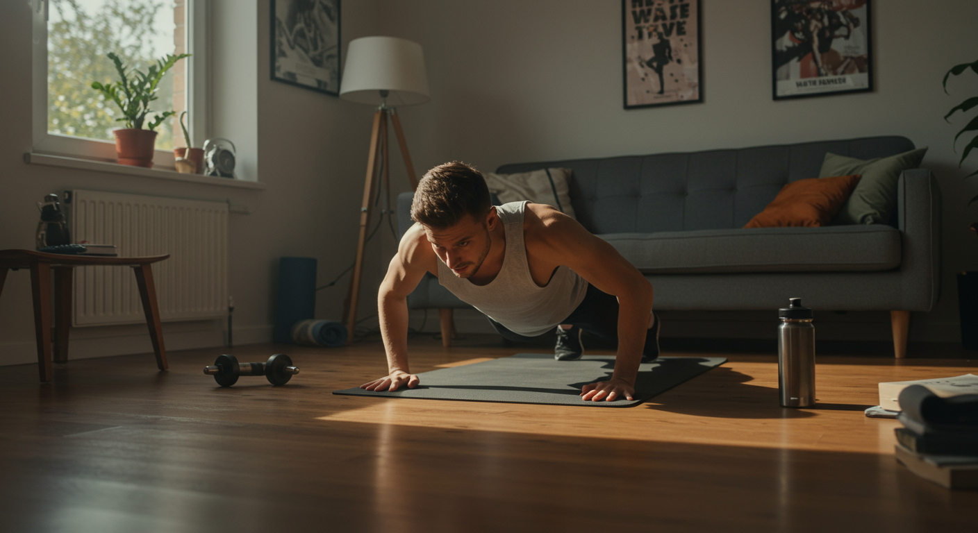 A person performing push-ups as part of a no-equipment home workout, demonstrating strength and focus.