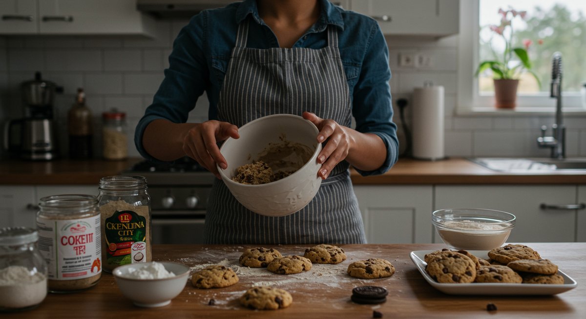 Vegan baking essentials: gluten-free chocolate chip cookies made with almond flour, dark chocolate, and coconut oil - perfect for easy vegan dessert recipes