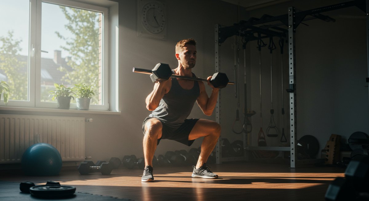 Person doing squats with dumbbells in home gym with natural lighting