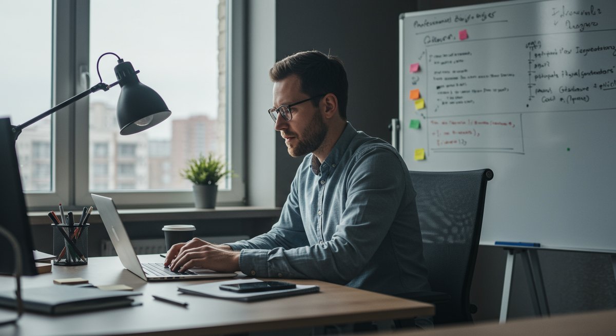 Adult learner mastering programming through project-based learning in a modern workspace