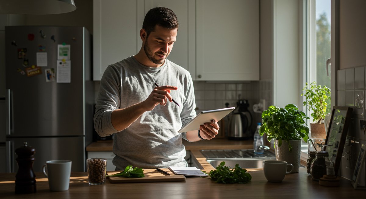 Professional illustration of experienced minimalist man celebrating conscious consumption success in modern kitchen with sustainable living app and fresh herbs
