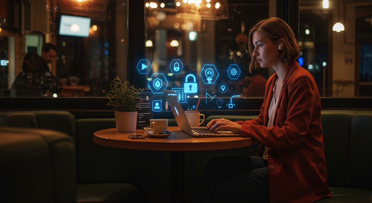 Digital nomad cybersecurity guide illustration showing secure remote work practices withVPN, lock symbols, and modern workspace