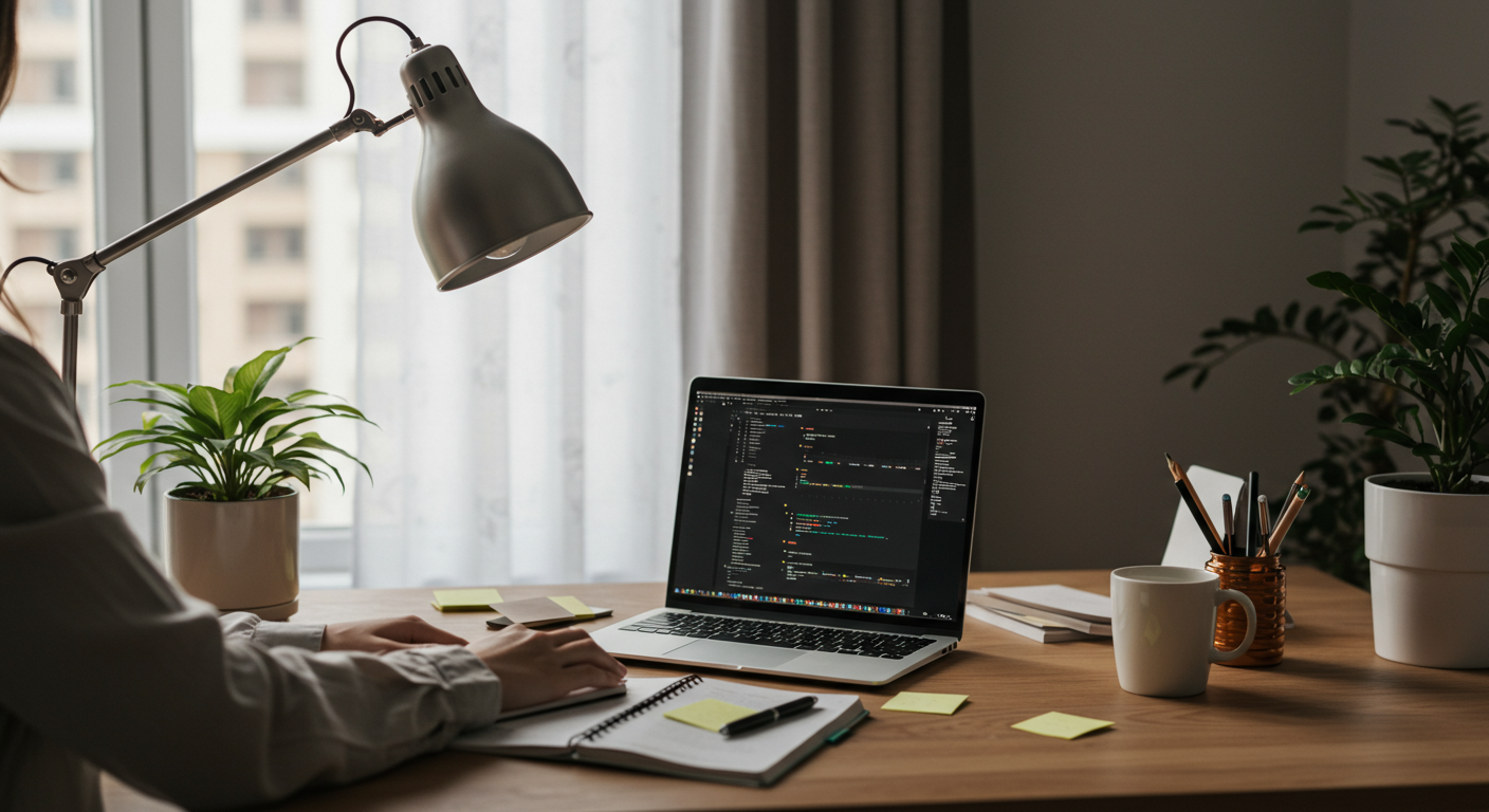 A minimalist home office with a person working on a laptop, surrounded by organized items and a filing system, with a focus on decluttering and financial planning.
