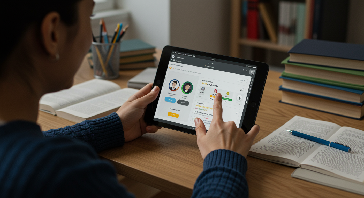 A student using gamified learning on a tablet, showing progress and engagement.