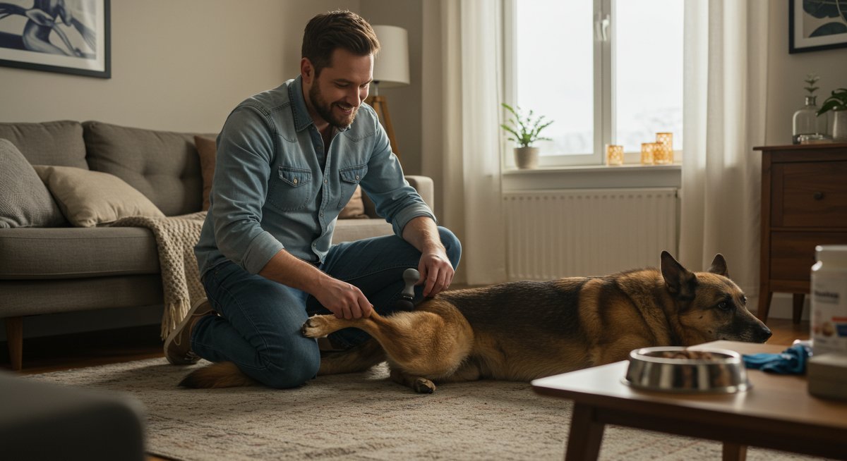 Experienced pet parent massaging senior dog's joints for mobility support in a cozy living room