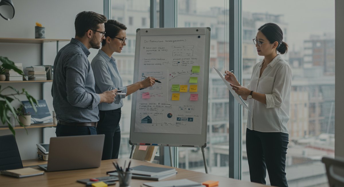 Mid-career professionals demonstrating essential soft skills in a modern office environment