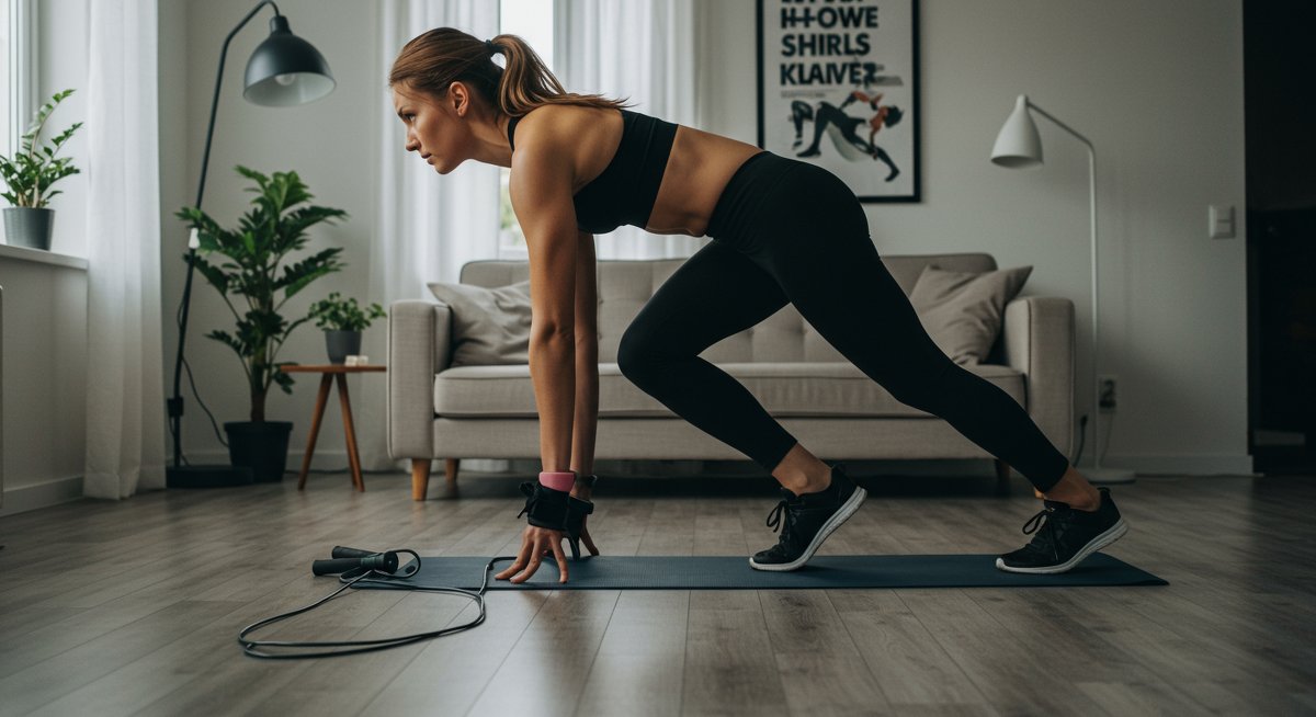 Intermediate home cardio workout showing dynamic mountain climbers exercise with motivational home gym setup