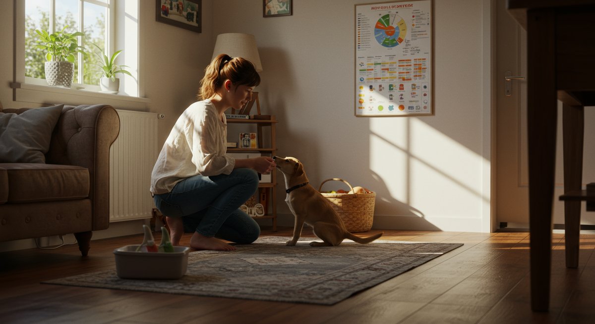 Puppy potty training: Woman and puppy in living room with training chart showing progress
