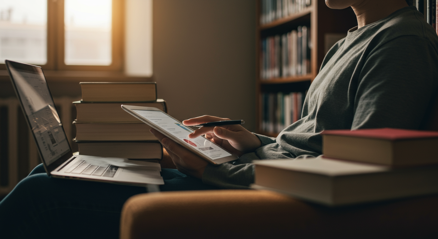 A student in a library focused on learning productivity, reading an e-book on a tablet. The image highlights effective learning techniques and a productive study session.
