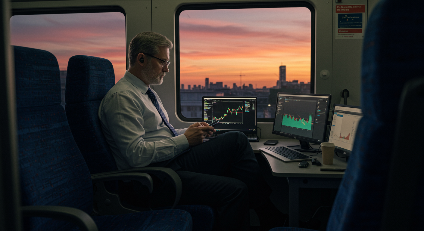 Experienced international crypto trader analyzing cross-border crypto swaps on a phone during a train commute, focusing on market research and fee optimization in a dynamic trading environment.