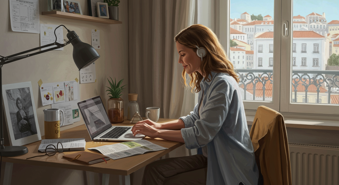 Female digital nomad working on laptop in affordable Lisbon Airbnb, Portugal. Emphasizing budget travel and accommodation.