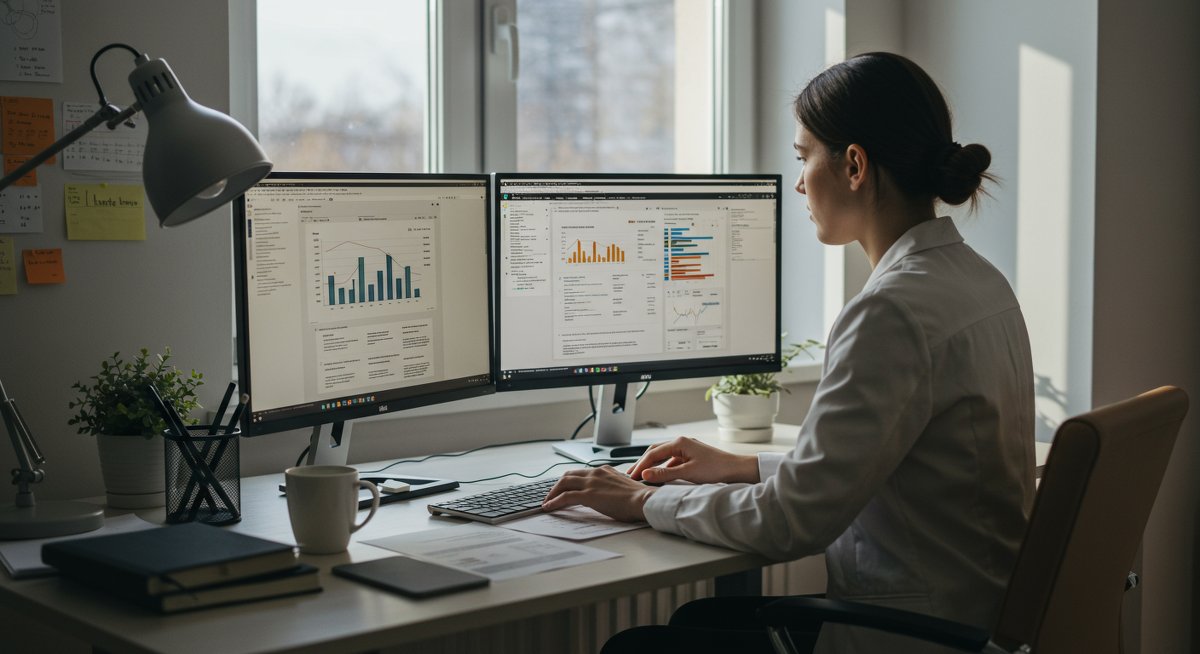 Professional budgeting illustration: Confident woman managing finances with dual monitors, organised documents, and plant in modern workspace