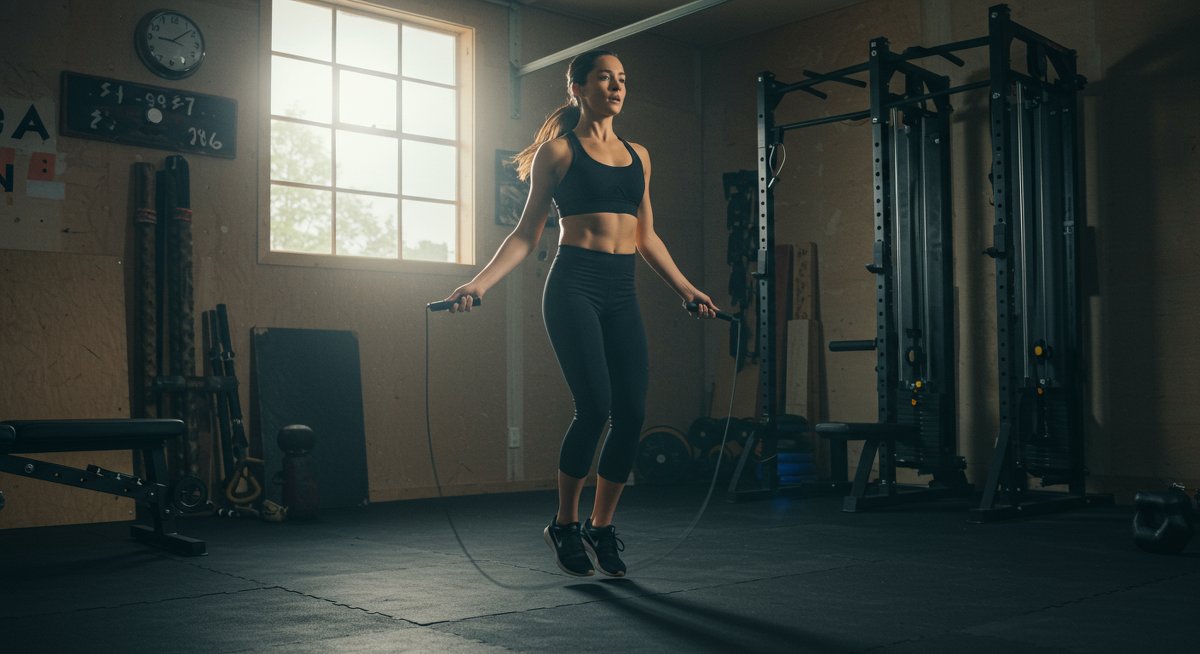 Energetic woman performing jump rope workout in garage gym with natural light