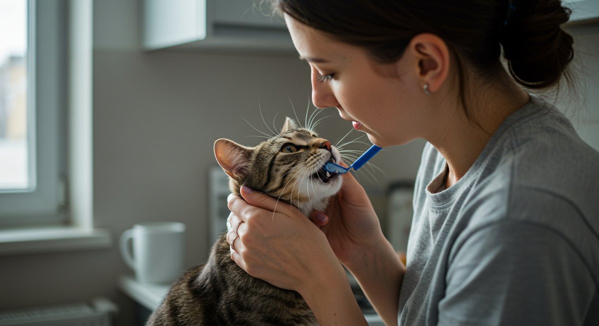 Experienced pet parent demonstrating cat dental care with professional dental tools in a hygienic kitchen environment