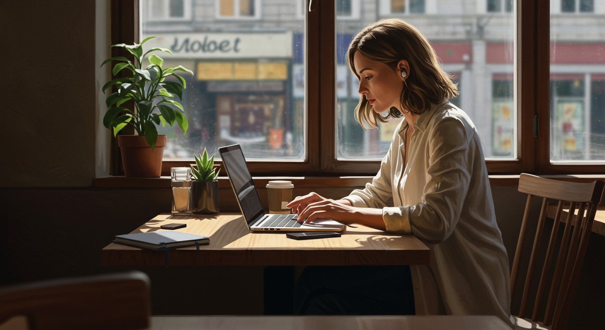 Digital nomad using portable mobile hotspot for reliable internet connection in café environment