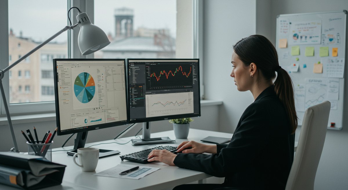 Financial expert woman engaged in advanced investment budgeting with professional office setup