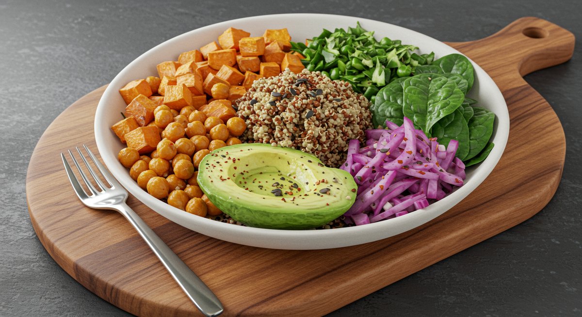 Vegan power bowl with quinoa, roasted sweet potatoes, chickpeas, avocado, and spinach, arranged on a wooden board in a bright kitchen