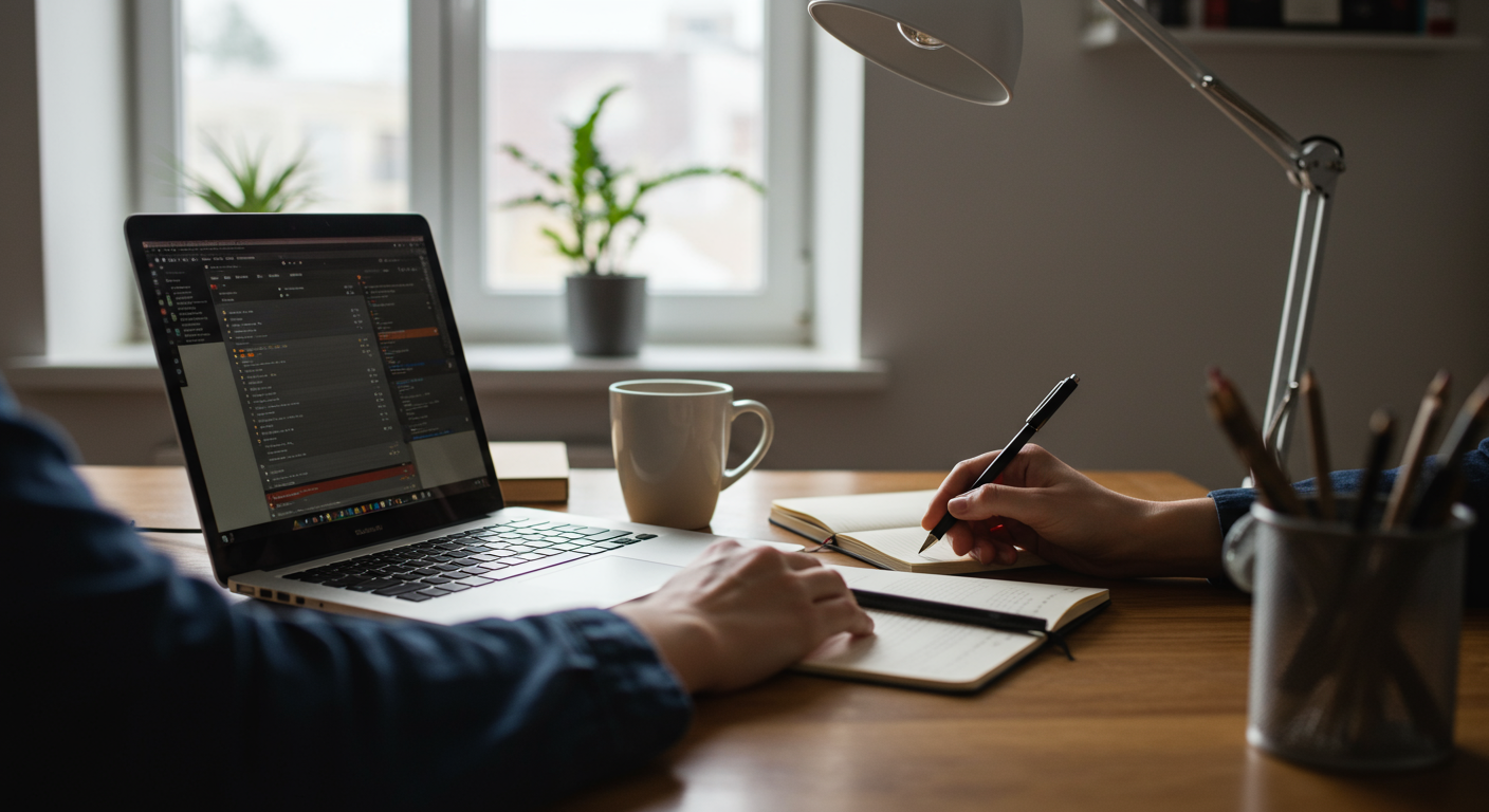 A person working at a desk with a laptop and coffee, focused on a morning deep work session, setting the stage for a productive day.